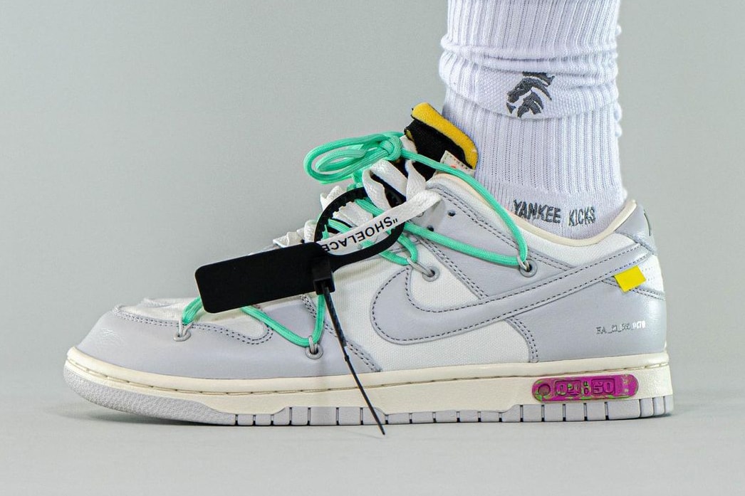 off white nike virgil abloh dunk low the 50 pair number 4 white neutral grey pink sea foam green official release date info photos price store list buying guide