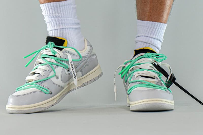 off white nike virgil abloh dunk low the 50 pair number 4 white neutral grey pink sea foam green official release date info photos price store list buying guide