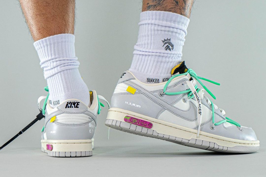off white nike virgil abloh dunk low the 50 pair number 4 white neutral grey pink sea foam green official release date info photos price store list buying guide