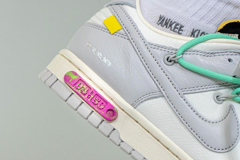off white nike virgil abloh dunk low the 50 pair number 4 white neutral grey pink sea foam green official release date info photos price store list buying guide
