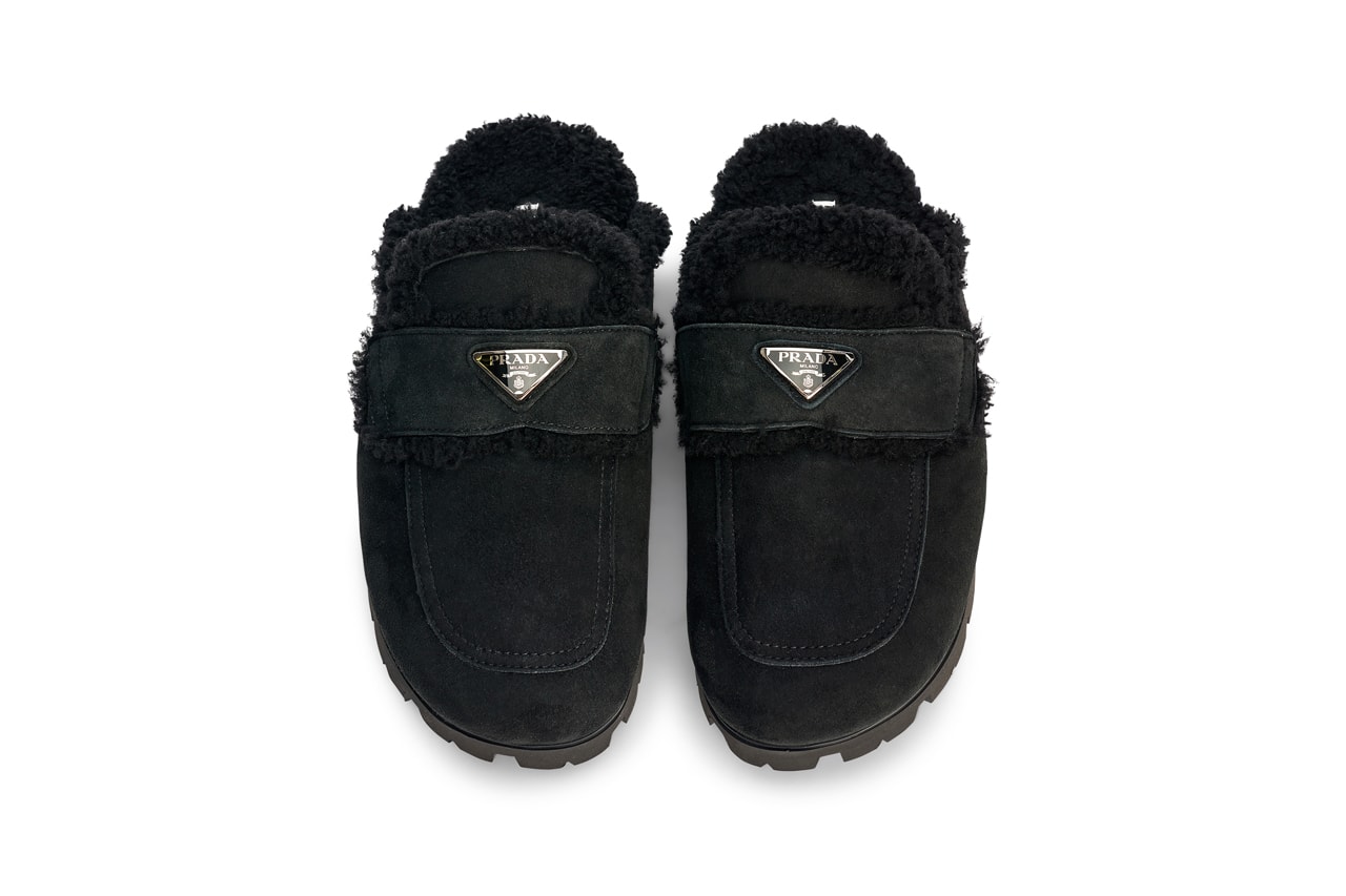 Prada Shearing Slippers Fall Winter 2021 "Possible Feelings" Collection Raf Simons Miuccia Prada Tres Bien Footwear Mules Slides Fluffy Indoor Suede