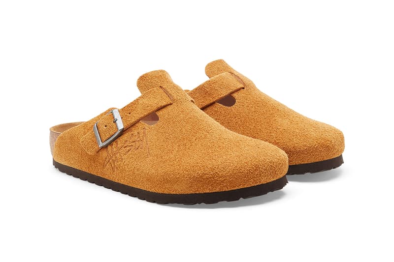 stussy birkenstock boston bone white suede caramel brown dusty pink release details clog mule buy cop purchase fall winter 2021