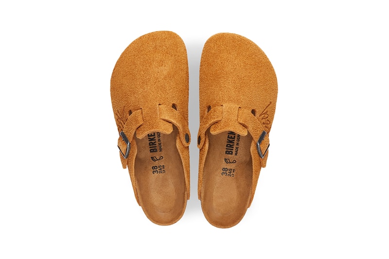 stussy birkenstock boston bone white suede caramel brown dusty pink release details clog mule buy cop purchase fall winter 2021