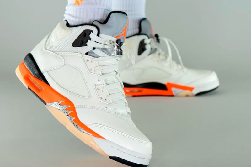 Air Jordan 5 Shattered Backboard On-Foot Look Release Info DC1060-100 Date Buy Price Sail Orange Blaze Metallic Silver Black