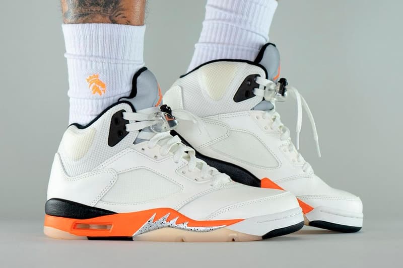 Air Jordan 5 Shattered Backboard On-Foot Look Release Info DC1060-100 Date Buy Price Sail Orange Blaze Metallic Silver Black