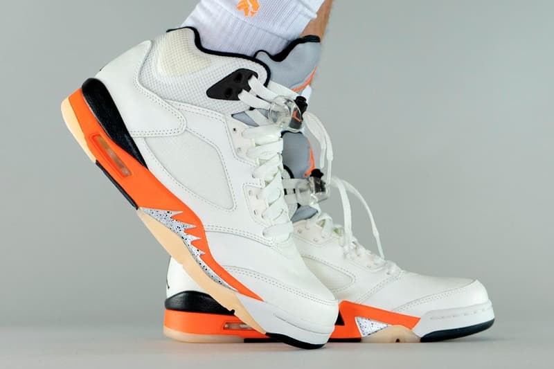 Air Jordan 5 Shattered Backboard On-Foot Look Release Info DC1060-100 Date Buy Price Sail Orange Blaze Metallic Silver Black