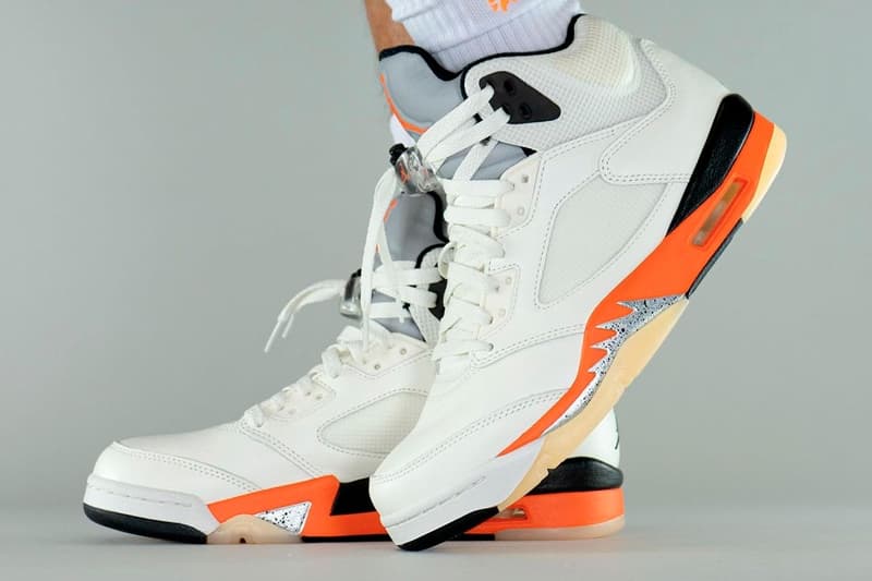 Air Jordan 5 Shattered Backboard On-Foot Look Release Info DC1060-100 Date Buy Price Sail Orange Blaze Metallic Silver Black