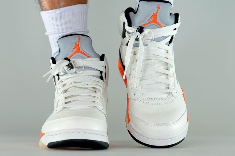 Air Jordan 5 Shattered Backboard On-Foot Look Release Info DC1060-100 Date Buy Price Sail Orange Blaze Metallic Silver Black