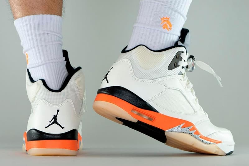 Air Jordan 5 Shattered Backboard On-Foot Look Release Info DC1060-100 Date Buy Price Sail Orange Blaze Metallic Silver Black