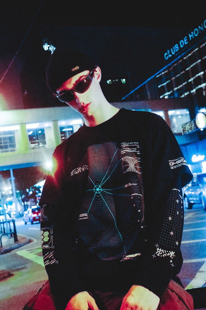 Alienware HBX lookbook shots merch debut graphics design First Contact concept assortment selection of t-shirts, long sleeves, hoodies and hats postmodern aesthetic scanned topographical Alienware head reflective logos, laptop exploding holographic effects, custom typefaces and fonts, internal molecular structure vessels along  the sleeves and Alienware Circuit Head graphics with Chrome Glow cyber blue + grey and neon green + purple washed grey olive 2 color print coordinates and dimensional structures neon green, bright orange and purple Alienware's mapping effects, technical-wear focus and radar monitors hoodie neon green space grey digital gateway black electric blue hat made in the USA with premium Flexfit tech material