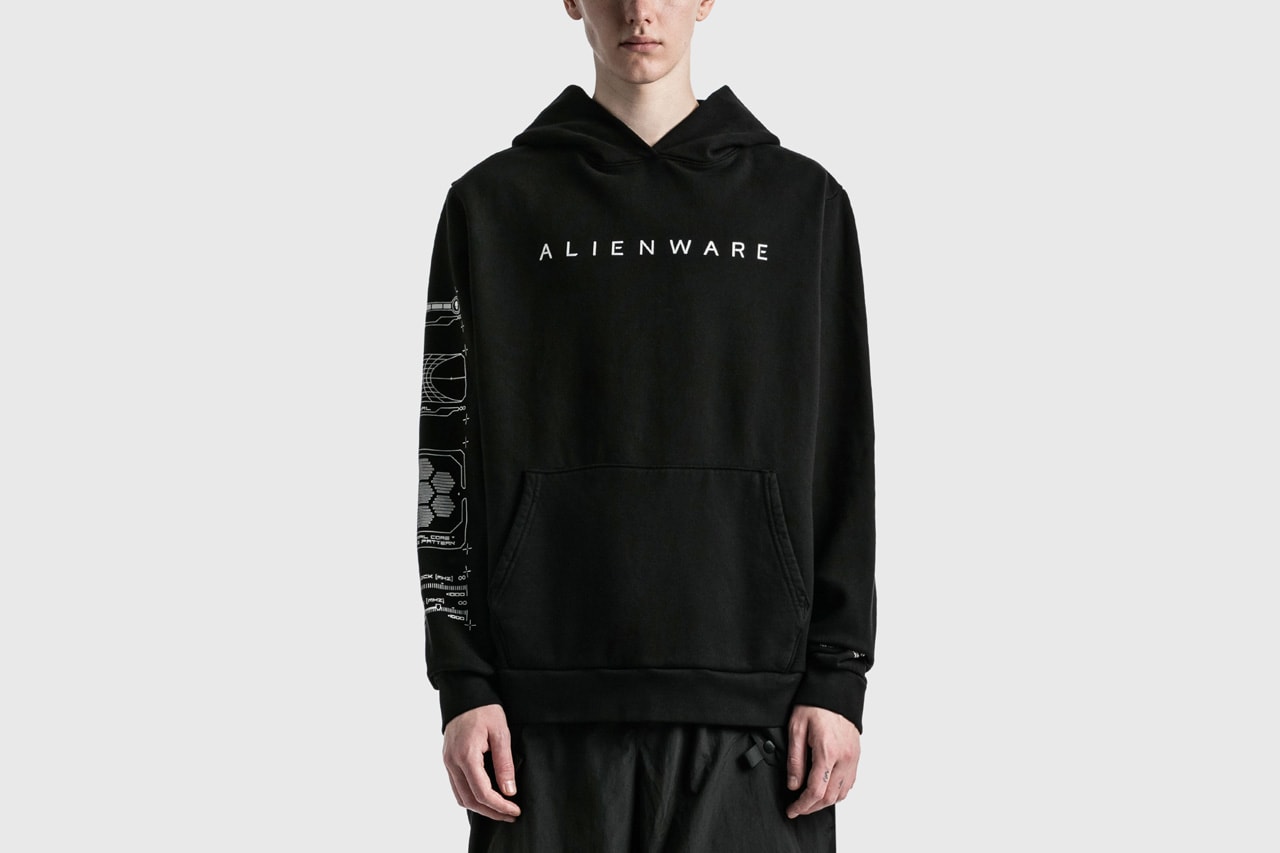 Alienware HBX lookbook shots merch debut graphics design First Contact concept assortment selection of t-shirts, long sleeves, hoodies and hats postmodern aesthetic scanned topographical Alienware head reflective logos, laptop exploding holographic effects, custom typefaces and fonts, internal molecular structure vessels along  the sleeves and Alienware Circuit Head graphics with Chrome Glow cyber blue + grey and neon green + purple washed grey olive 2 color print coordinates and dimensional structures neon green, bright orange and purple Alienware's mapping effects, technical-wear focus and radar monitors hoodie neon green space grey digital gateway black electric blue hat made in the USA with premium Flexfit tech material