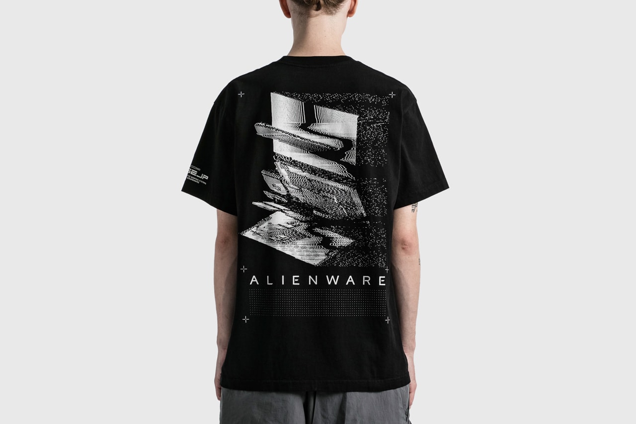 Alienware HBX lookbook shots merch debut graphics design First Contact concept assortment selection of t-shirts, long sleeves, hoodies and hats postmodern aesthetic scanned topographical Alienware head reflective logos, laptop exploding holographic effects, custom typefaces and fonts, internal molecular structure vessels along  the sleeves and Alienware Circuit Head graphics with Chrome Glow cyber blue + grey and neon green + purple washed grey olive 2 color print coordinates and dimensional structures neon green, bright orange and purple Alienware's mapping effects, technical-wear focus and radar monitors hoodie neon green space grey digital gateway black electric blue hat made in the USA with premium Flexfit tech material