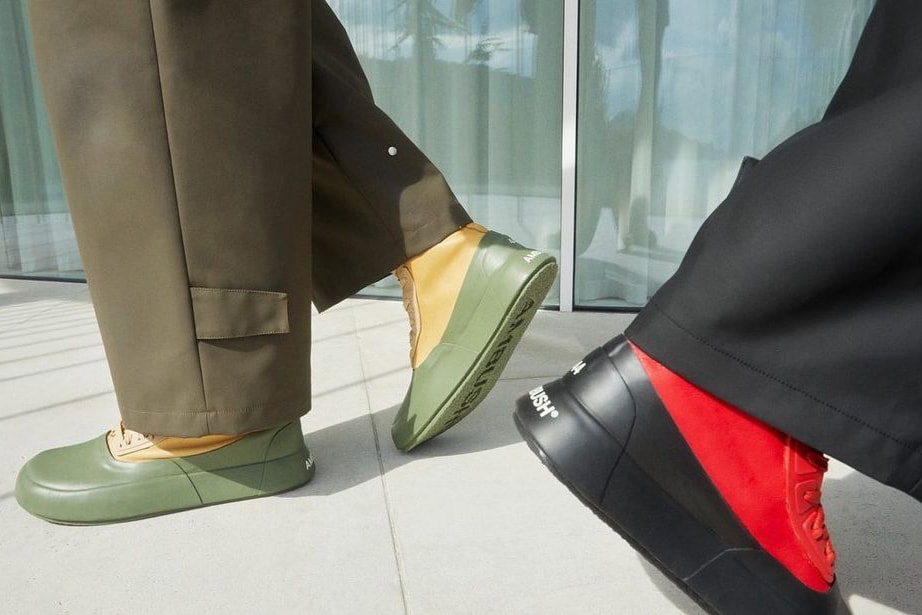 AMBUSH Leather Mix Hi-Top Sneaker in 4 Colorways red black sail white yellow green black leather rubber dipped in wax EU sizing logos release info