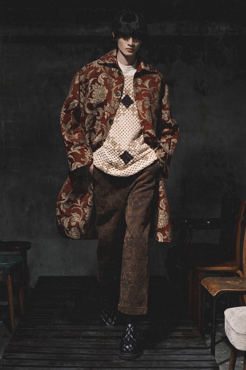 ANOWHEREMAN Introduces Jacquard Fabrics for "The Fall Of Aristocracy" Collection Inspired Russian playwright Anton ChekhovThe Cherry Orchard oversized knitwear faux fur suit jacket shirt jacket patterned denim herringbone wool shirt knee seam flair pants overcoats scarves taiwan brand release info 