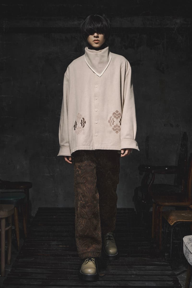 ANOWHEREMAN Introduces Jacquard Fabrics for "The Fall Of Aristocracy" Collection Inspired Russian playwright Anton ChekhovThe Cherry Orchard oversized knitwear faux fur suit jacket shirt jacket patterned denim herringbone wool shirt knee seam flair pants overcoats scarves taiwan brand release info 