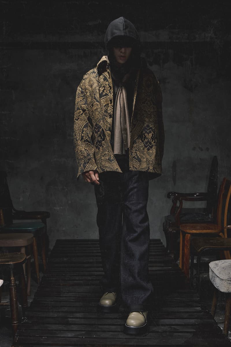 ANOWHEREMAN Introduces Jacquard Fabrics for "The Fall Of Aristocracy" Collection Inspired Russian playwright Anton ChekhovThe Cherry Orchard oversized knitwear faux fur suit jacket shirt jacket patterned denim herringbone wool shirt knee seam flair pants overcoats scarves taiwan brand release info 