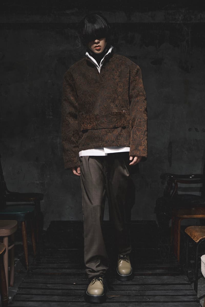 ANOWHEREMAN Introduces Jacquard Fabrics for "The Fall Of Aristocracy" Collection Inspired Russian playwright Anton ChekhovThe Cherry Orchard oversized knitwear faux fur suit jacket shirt jacket patterned denim herringbone wool shirt knee seam flair pants overcoats scarves taiwan brand release info 