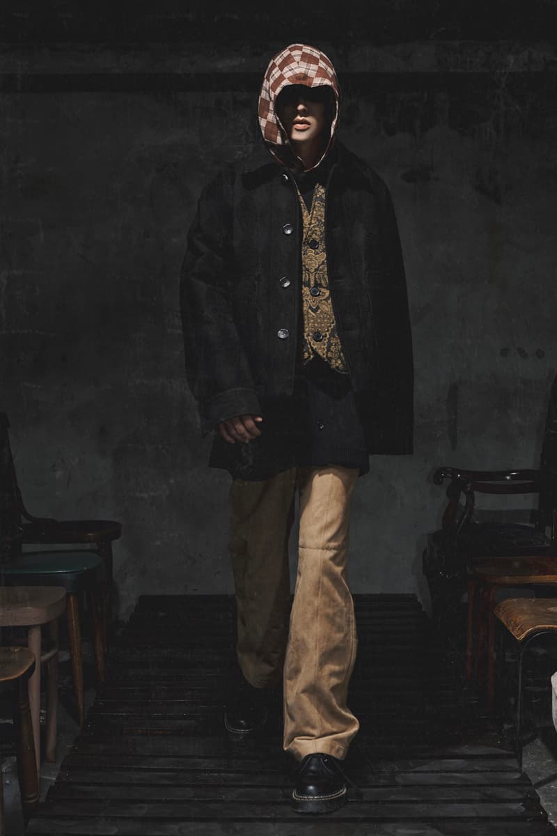 ANOWHEREMAN Introduces Jacquard Fabrics for "The Fall Of Aristocracy" Collection Inspired Russian playwright Anton ChekhovThe Cherry Orchard oversized knitwear faux fur suit jacket shirt jacket patterned denim herringbone wool shirt knee seam flair pants overcoats scarves taiwan brand release info 