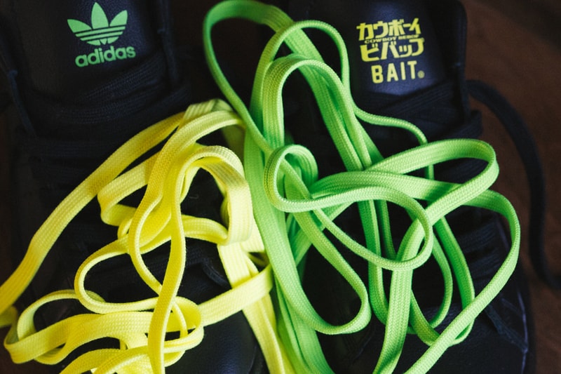 First Look BAIT Cowboy Bebop adidas Consortium Matchplay collaborative sneaker black neon yellow green red blue  spike siegel anime japan adult swim Japanese English vulcanized sole release info
