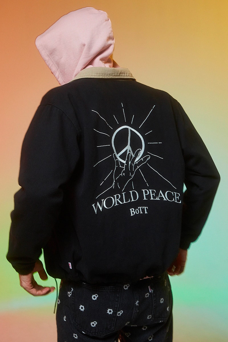 BoTT Reveals Playful and Dreamy Pieces for FW21 t shirt sweatsuit varsity inspired plaid shirt baby pink hoodie world piece shirt jacket nipper hmw bullet hoe denim jeans psychedelic patterns fashion japan lookbook 