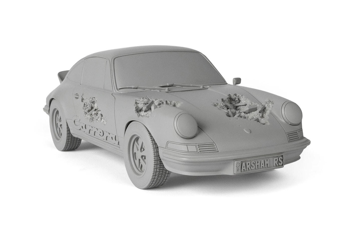 Daniel Arsham Eroded 1973 Porsche 911 Carrera RS 2.7 Touring crystel erosion Sculptures Arshams Editions holographic verification label collectible model sportscar space clay grey release info 