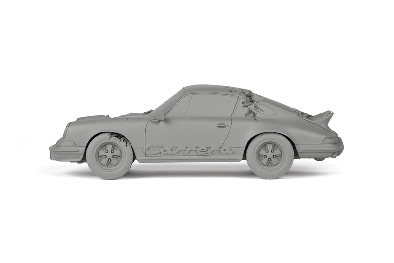 Daniel Arsham Eroded 1973 Porsche 911 Carrera RS 2.7 Touring crystel erosion Sculptures Arshams Editions holographic verification label collectible model sportscar space clay grey release info 