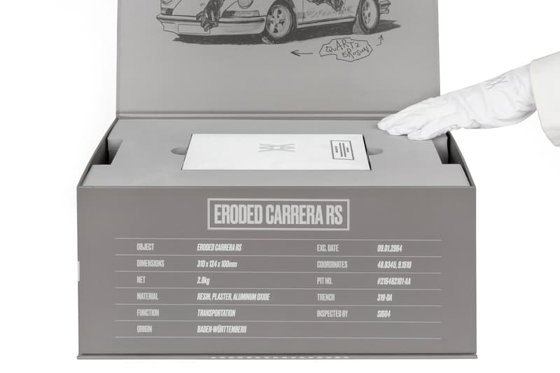 Daniel Arsham Eroded 1973 Porsche 911 Carrera RS 2.7 Touring crystel erosion Sculptures Arshams Editions holographic verification label collectible model sportscar space clay grey release info 