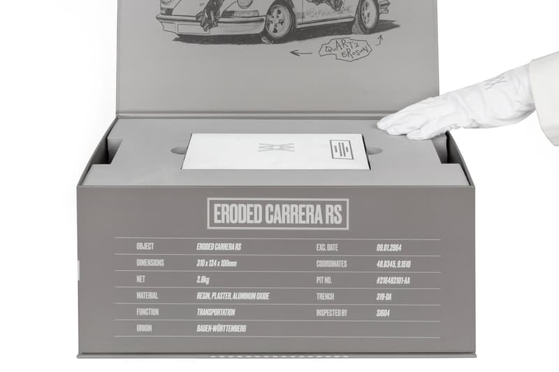 Daniel Arsham Eroded 1973 Porsche 911 Carrera RS 2.7 Touring crystel erosion Sculptures Arshams Editions holographic verification label collectible model sportscar space clay grey release info