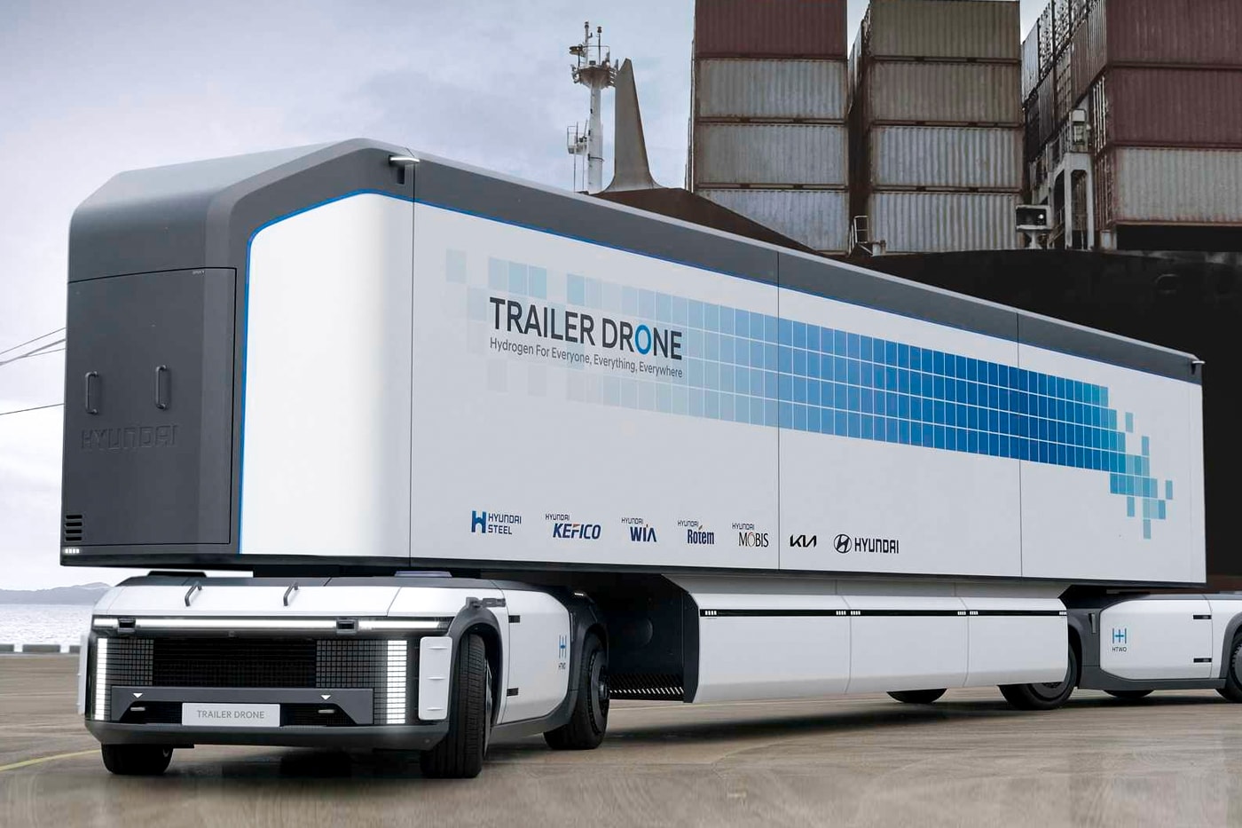 Hyundai Presents its Vision for Hydrogen-Based Mobillity e-bogie Hydrogen Wave 2040 2028 fuel cell energy vision FK truck container south korea public transport logistics concept trailer drone future news