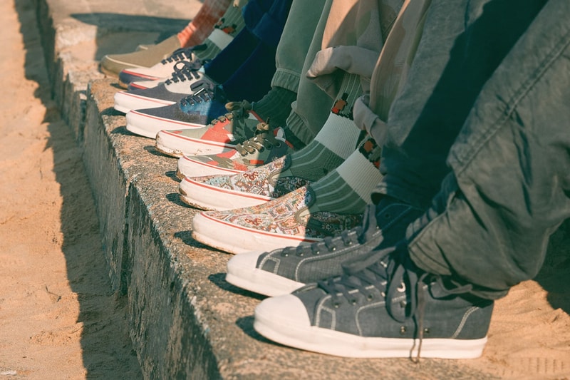 Vault by Vans Nigel Cabourn unisex footwear apparel collection vintage military garments rugged functional emilie casiez 1970 camo navy colorblocked natural red foxing canvas frayed vintage og classic slip on LX style 23 og style 24 chore coat graphic crew neck fleece loden green release info