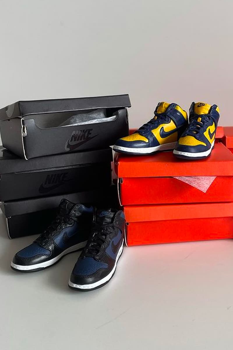 BANDAI Releases Miniature Nike Dunk Highs in mini Gashapon Toy Capsules Michigan Iowa St. John's UNLV Syracuse Villanova Kentucky Fragment design Midnight Navy Beijing release info