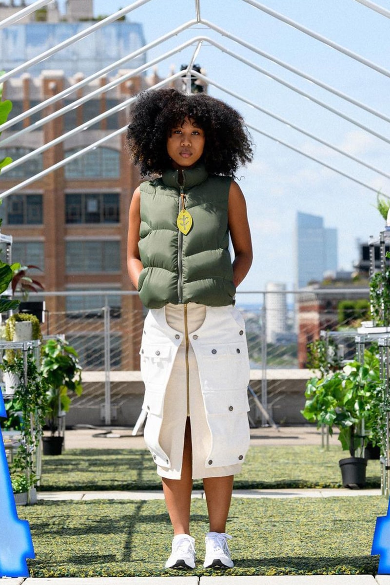 tombogo nature is healing ss22 runway collection nyfw double knee pants puffer jackets woodgrain knits 