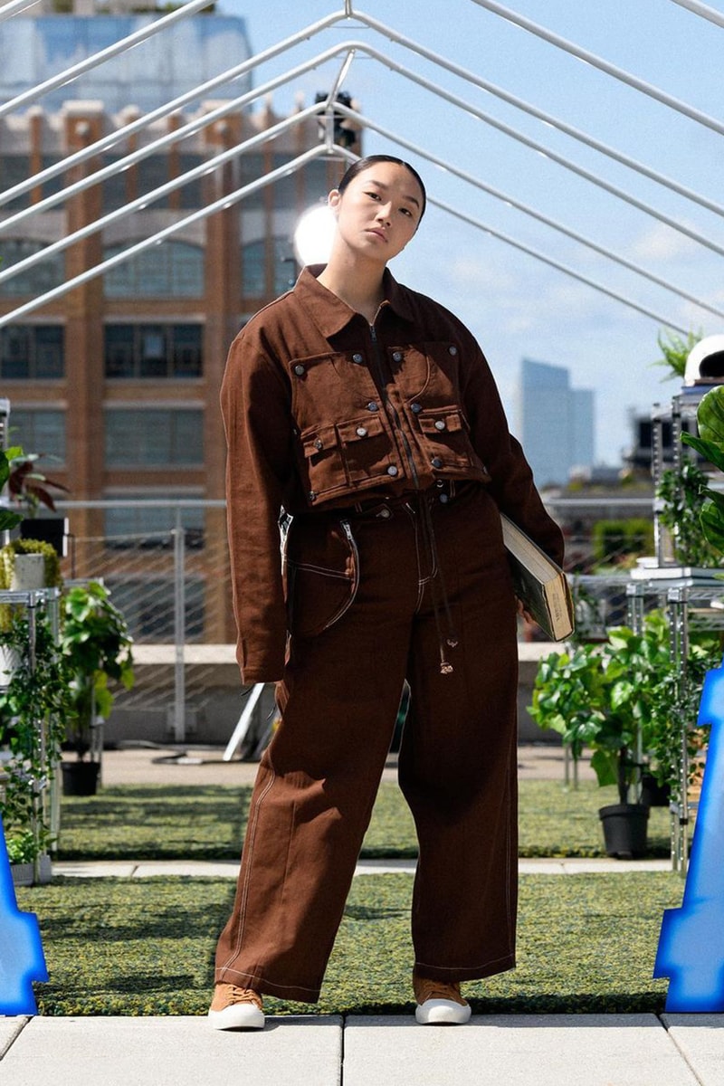 tombogo nature is healing ss22 runway collection nyfw double knee pants puffer jackets woodgrain knits 