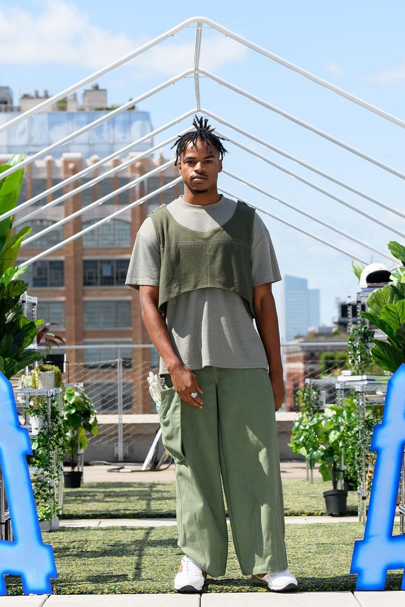 tombogo nature is healing ss22 runway collection nyfw double knee pants puffer jackets woodgrain knits 