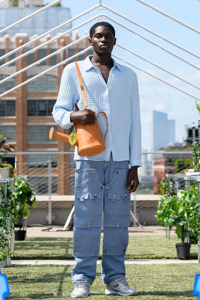 tombogo nature is healing ss22 runway collection nyfw double knee pants puffer jackets woodgrain knits 