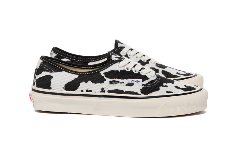 Vans Vault Reveals a Cow-Print Anaheim Factory Authentic 44 DX white black ultracush sock liner tag banner release info