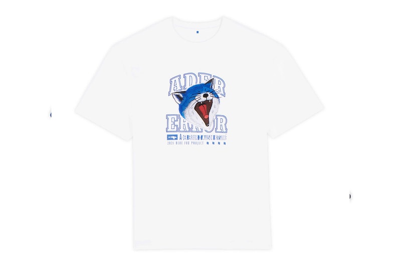 ader error maison kitsune blue fox lazy stretching yawning t shirts sweatshirts hoodies cap collaboration collection logo misplaced tag detailing paris tokyo korea 