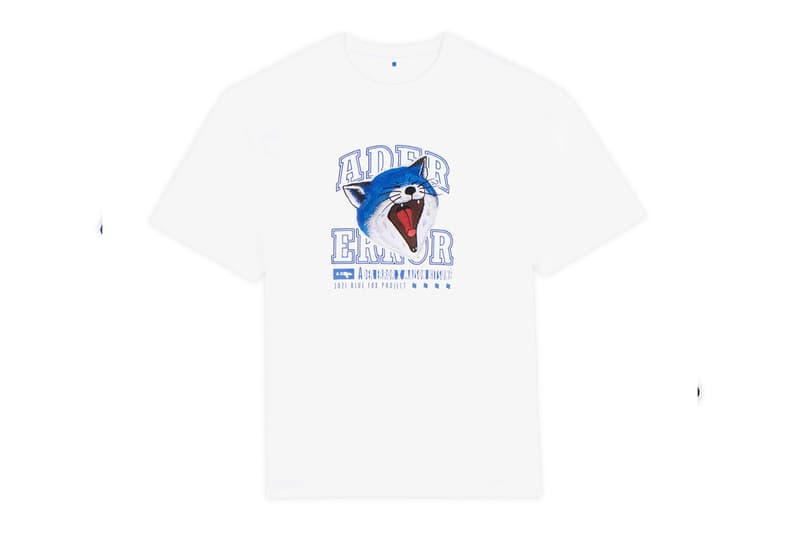 ader error maison kitsune blue fox lazy stretching yawning t shirts sweatshirts hoodies cap collaboration collection logo misplaced tag detailing paris tokyo korea