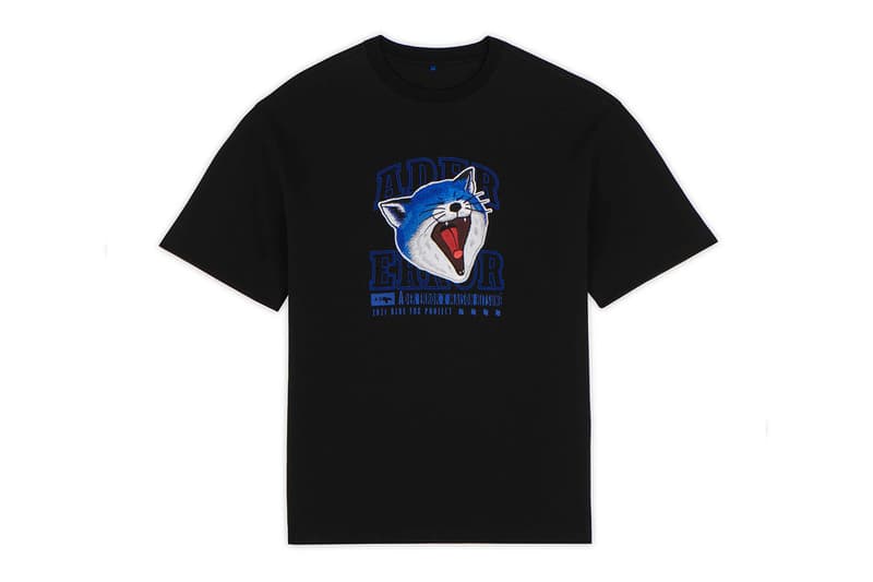 ader error maison kitsune blue fox lazy stretching yawning t shirts sweatshirts hoodies cap collaboration collection logo misplaced tag detailing paris tokyo korea