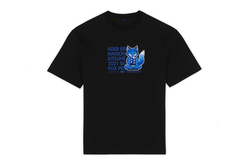 ader error maison kitsune blue fox lazy stretching yawning t shirts sweatshirts hoodies cap collaboration collection logo misplaced tag detailing paris tokyo korea