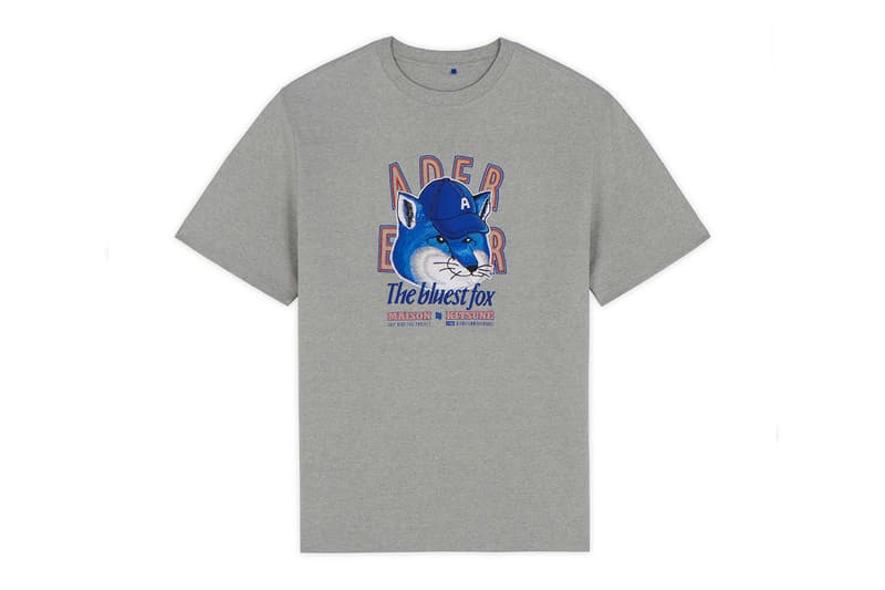 ader error maison kitsune blue fox lazy stretching yawning t shirts sweatshirts hoodies cap collaboration collection logo misplaced tag detailing paris tokyo korea