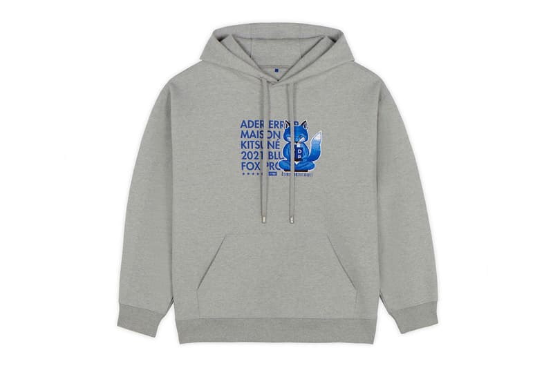 ader error maison kitsune blue fox lazy stretching yawning t shirts sweatshirts hoodies cap collaboration collection logo misplaced tag detailing paris tokyo korea