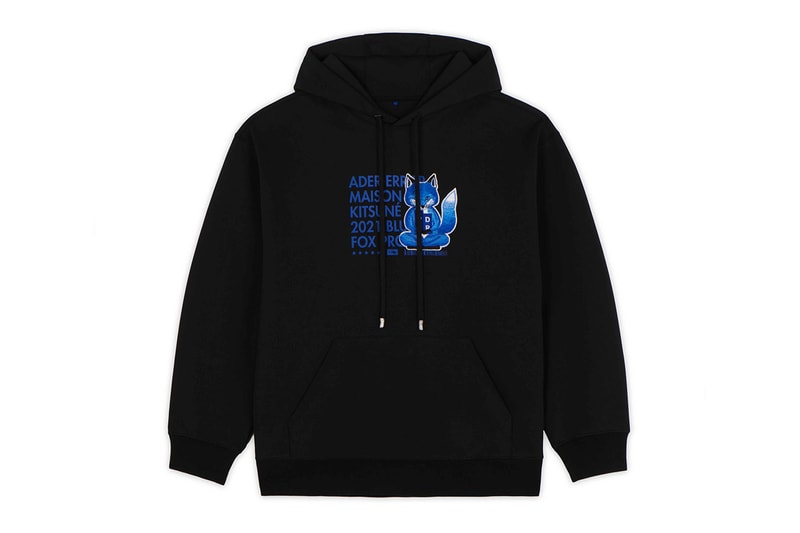 ader error maison kitsune blue fox lazy stretching yawning t shirts sweatshirts hoodies cap collaboration collection logo misplaced tag detailing paris tokyo korea 