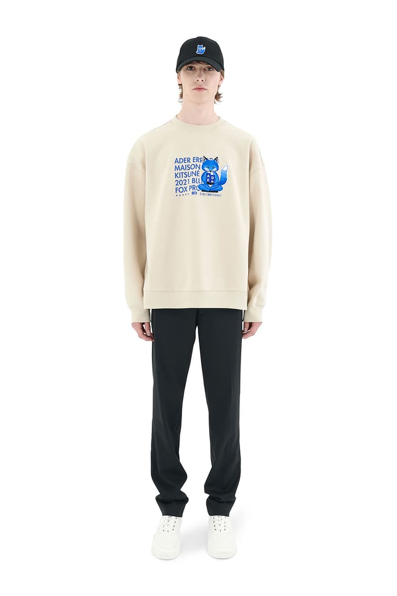 ader error maison kitsune blue fox lazy stretching yawning t shirts sweatshirts hoodies cap collaboration collection logo misplaced tag detailing paris tokyo korea