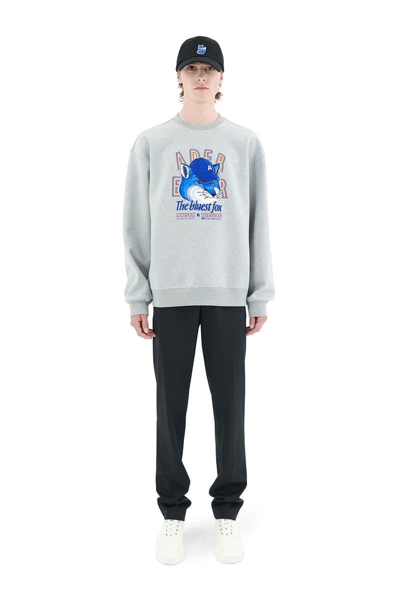 ader error maison kitsune blue fox lazy stretching yawning t shirts sweatshirts hoodies cap collaboration collection logo misplaced tag detailing paris tokyo korea