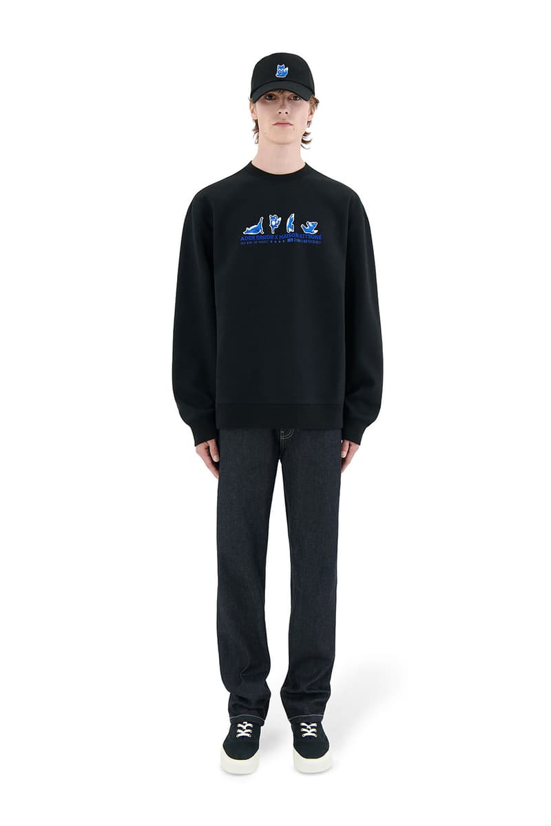 ader error maison kitsune blue fox lazy stretching yawning t shirts sweatshirts hoodies cap collaboration collection logo misplaced tag detailing paris tokyo korea