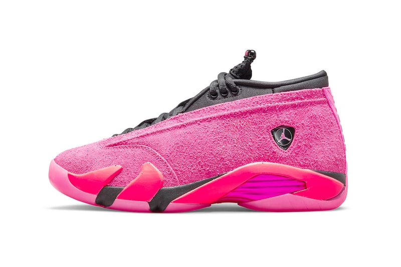 Air Jordan 14 "Shocking Pink" Official Look DH4121-600 Jordan Brand sneaker footwear suede pink black bright crimson