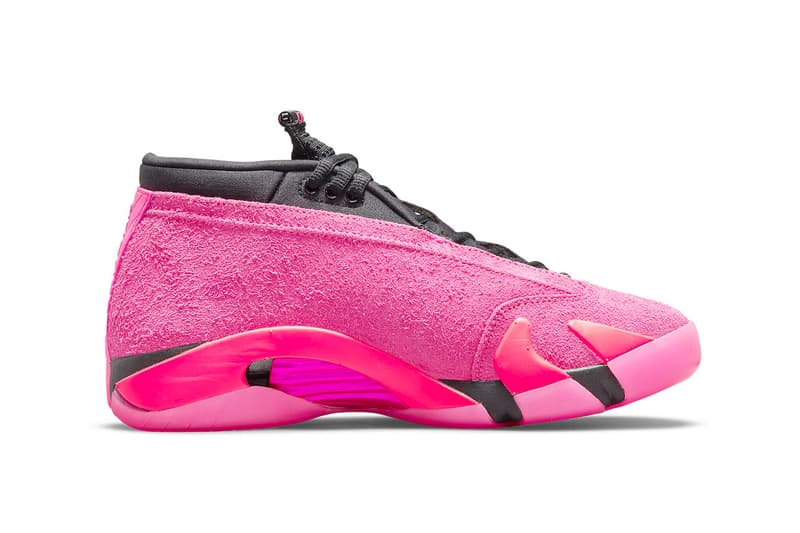 Air Jordan 14 "Shocking Pink" Official Look DH4121-600 Jordan Brand sneaker footwear suede pink black bright crimson