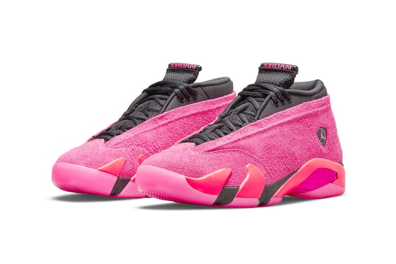 Air Jordan 14 "Shocking Pink" Official Look DH4121-600 Jordan Brand sneaker footwear suede pink black bright crimson