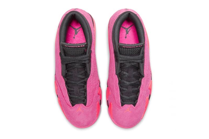 Air Jordan 14 "Shocking Pink" Official Look DH4121-600 Jordan Brand sneaker footwear suede pink black bright crimson